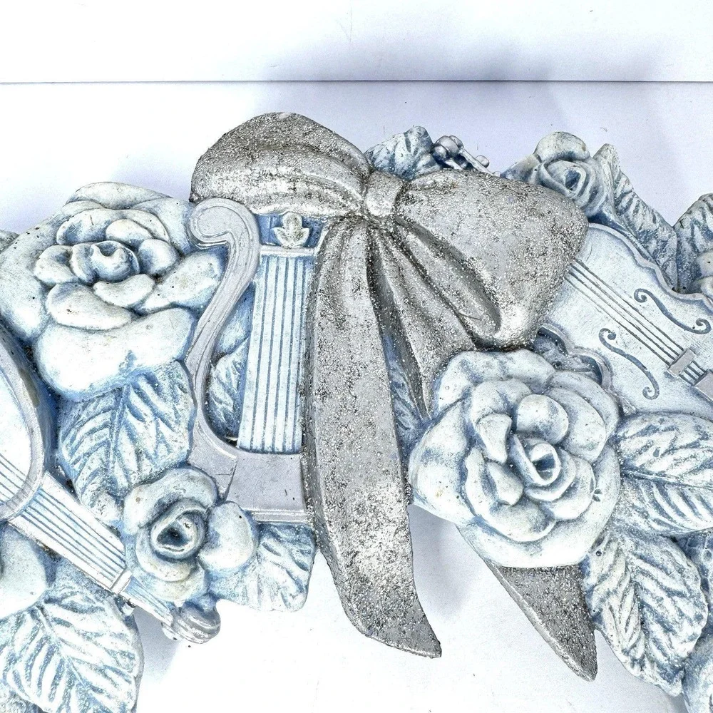 Large Praying Angel Wreath Wall Decor Religious Roses Harp Blue Resin 15‎ Inch